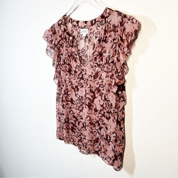 Velvet Women’s Size Large Red Pink Romantic Ruffled Floral Print Viscose Shirt - Picture 8 of 14